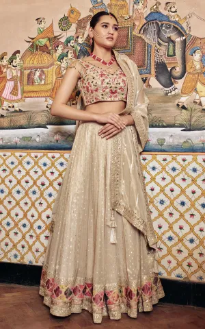 Beige Embroidered Glass Organza Silk Lehenga Set