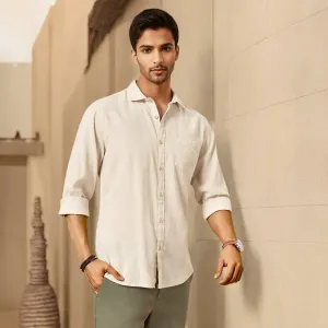 Beige Solid Linen Cotton Shirt for Men