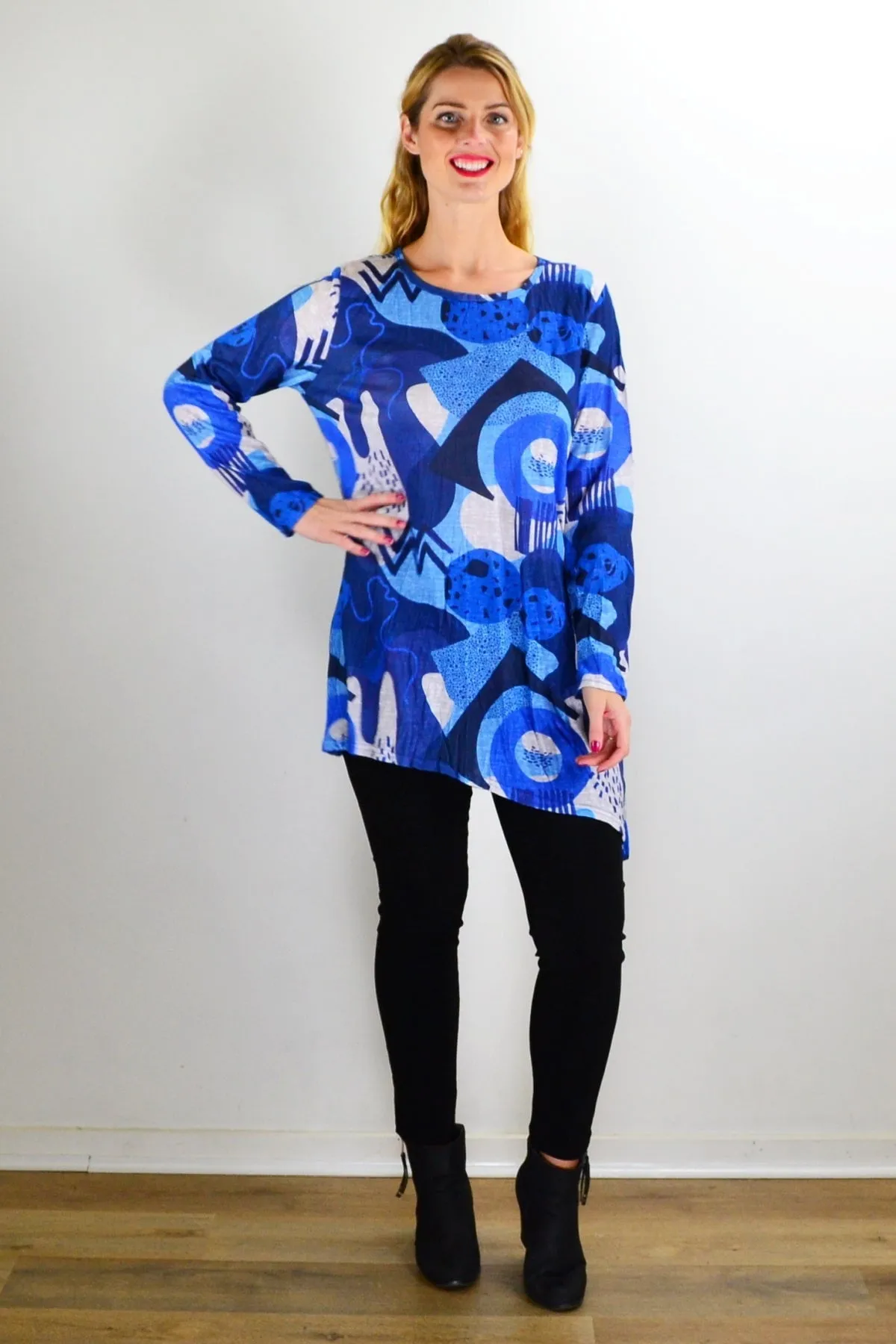 Blue Water Print Crinkle Tunic Top