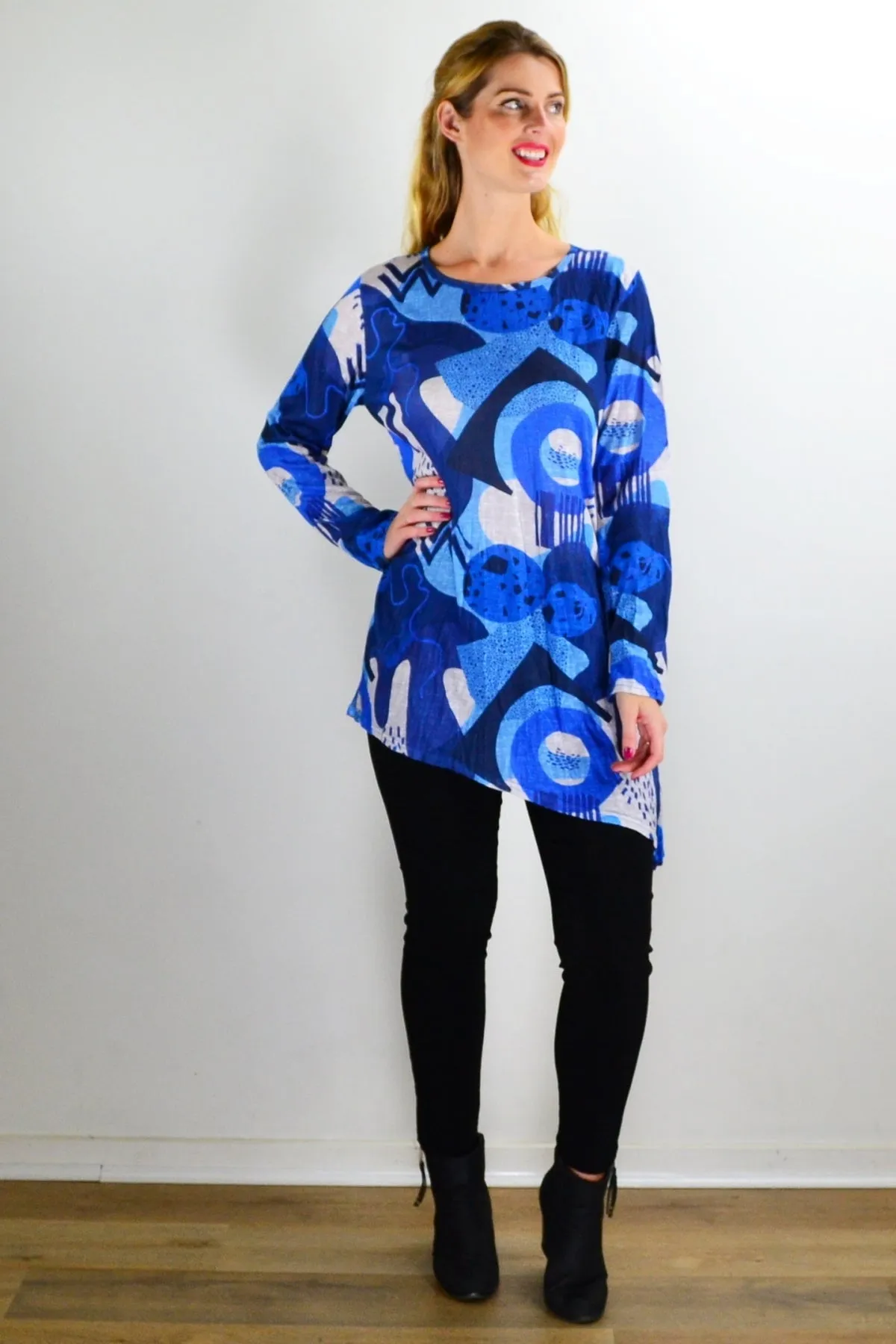 Blue Water Print Crinkle Tunic Top