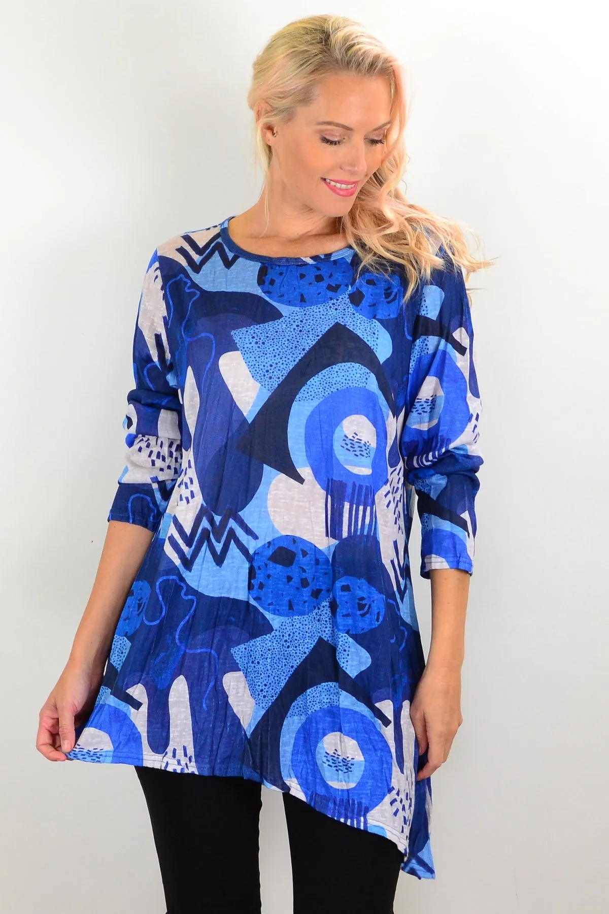 Blue Water Print Crinkle Tunic Top