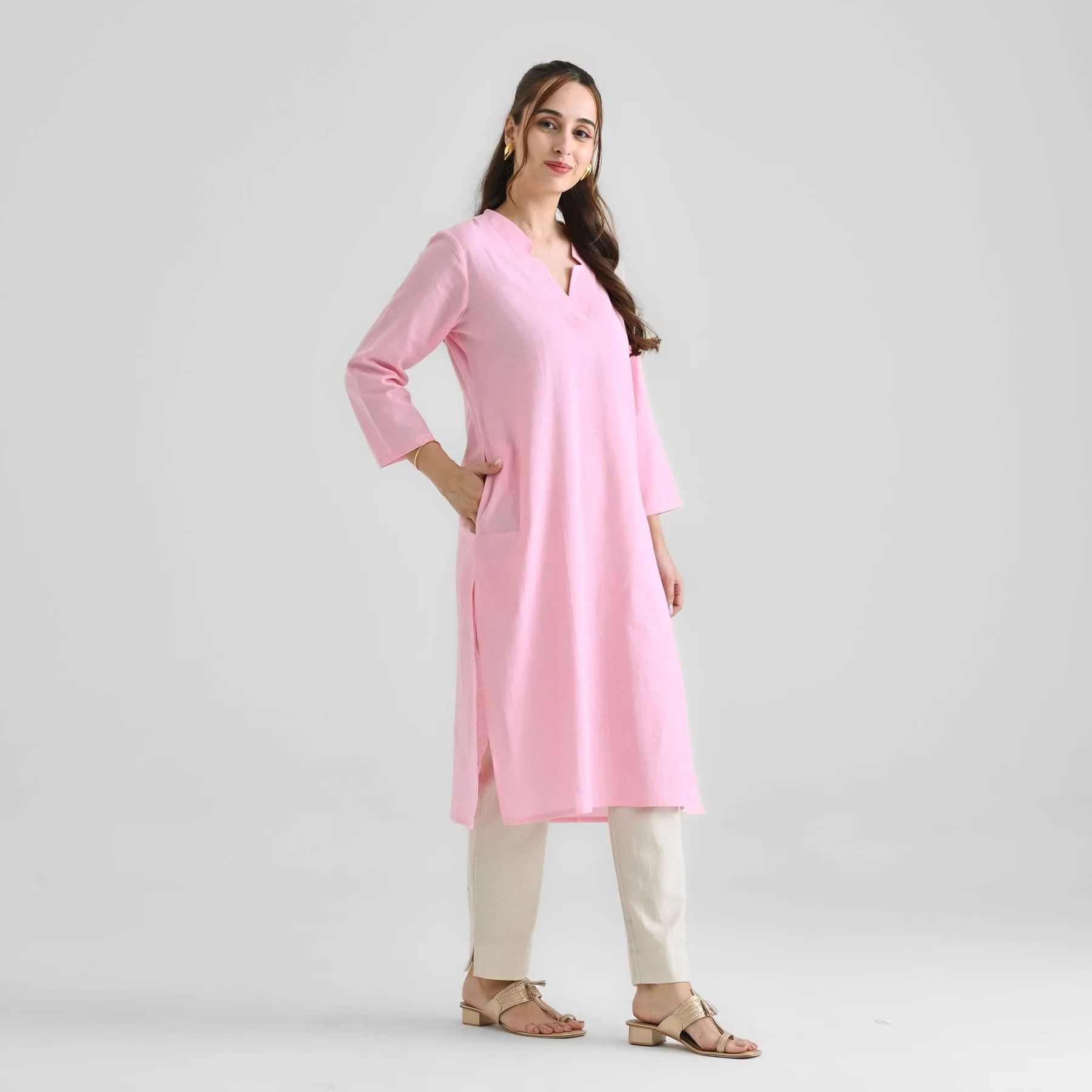 Candy Pink Linen Cotton Kurta with Notch V Neckline Detail