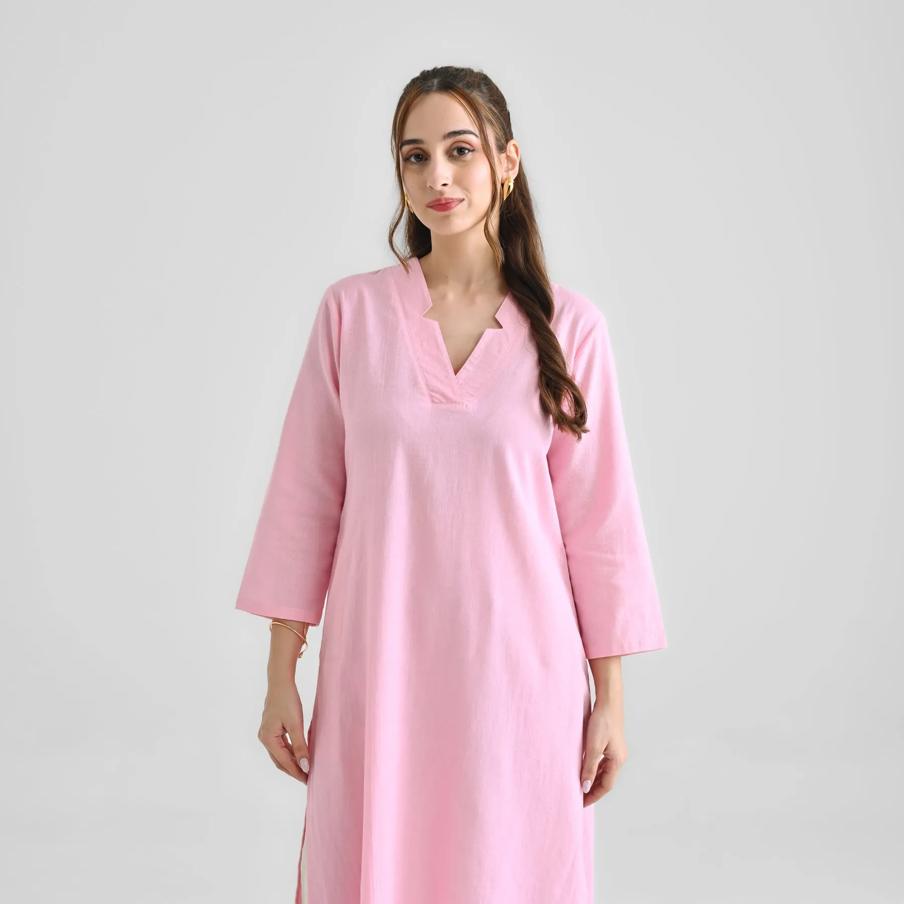 Candy Pink Linen Cotton Kurta with Notch V Neckline Detail