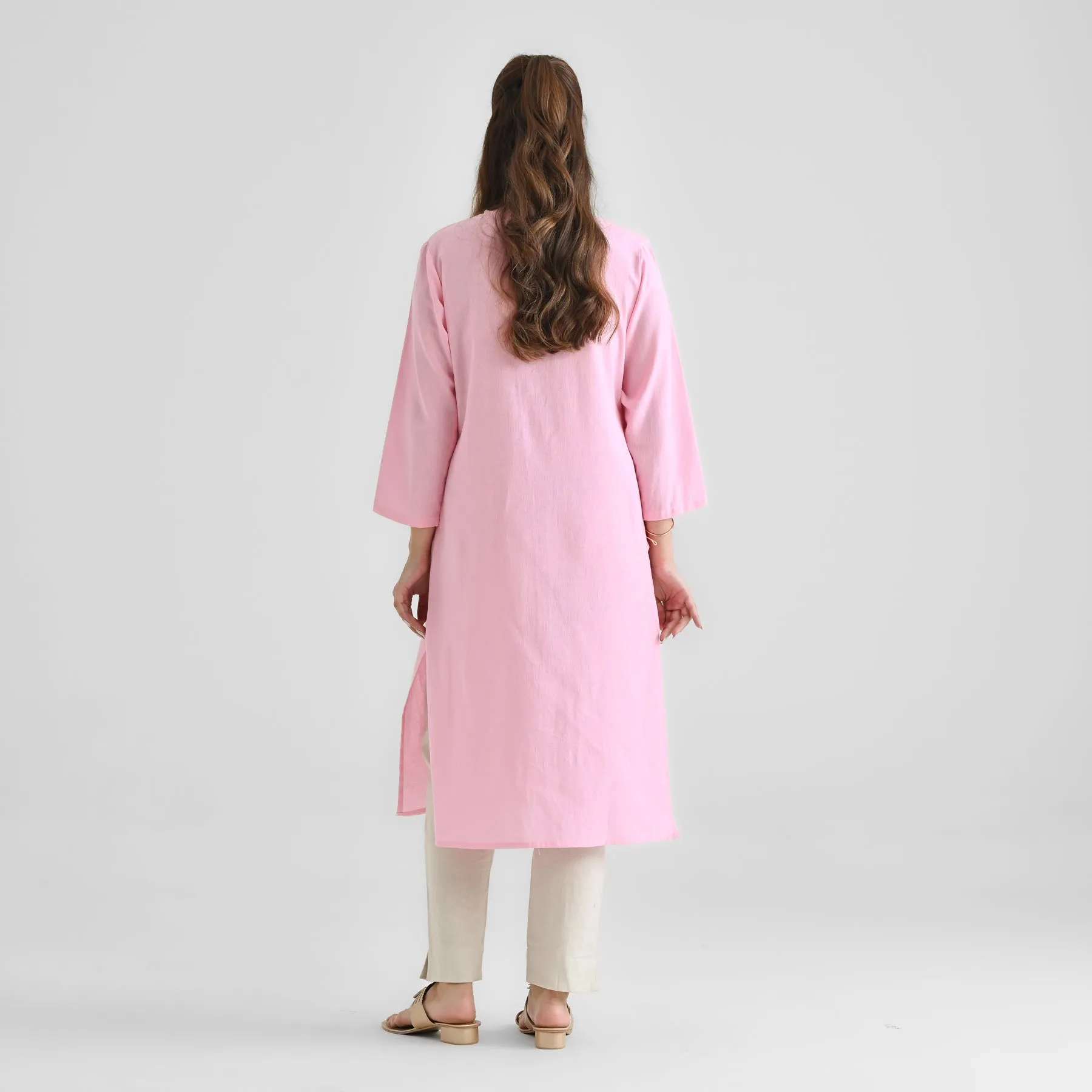 Candy Pink Linen Cotton Kurta with Notch V Neckline Detail