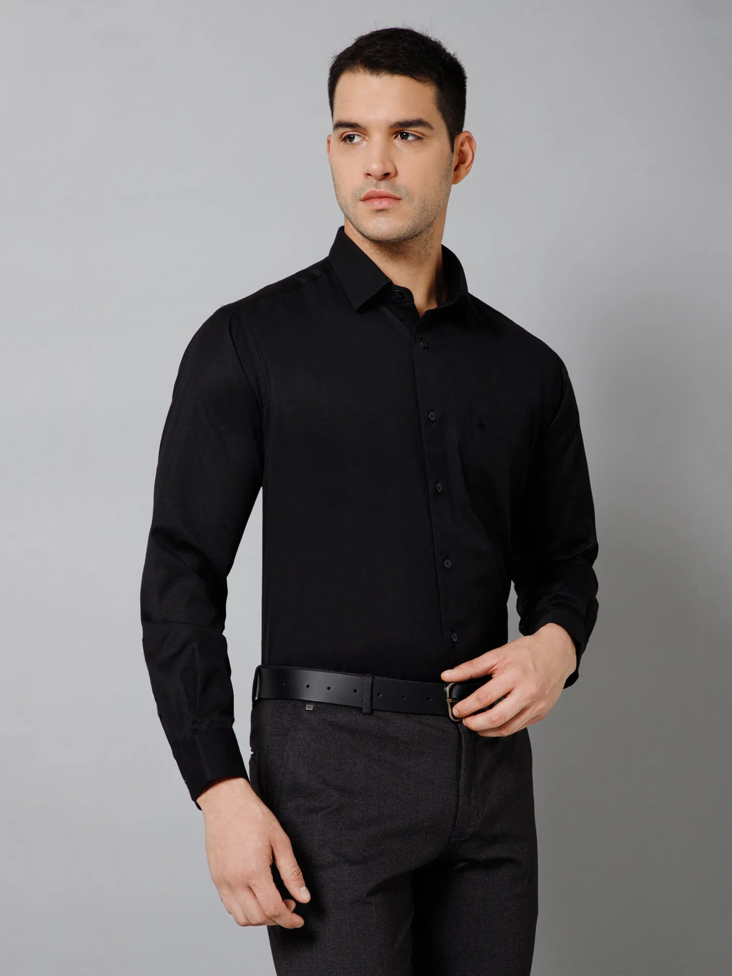 Cantabil Cotton Blend Self Design Full Sleeve Regular Fit Black Formal Shirt for Men with Pocket