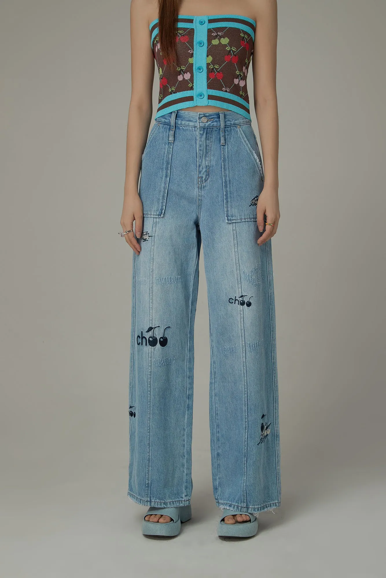 Cherry Letter Embroidered Wide Leg Straight Denim Jeans