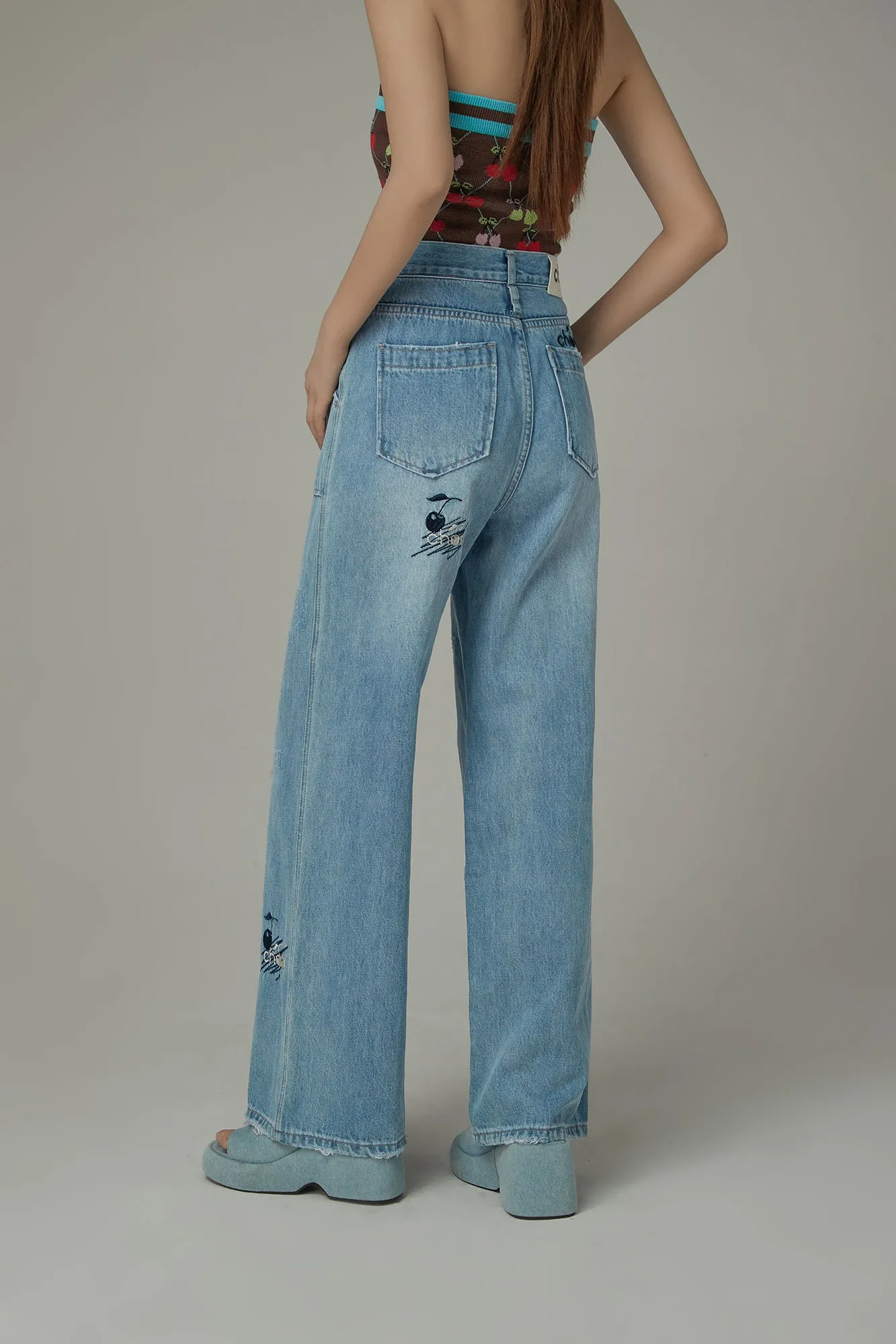 Cherry Letter Embroidered Wide Leg Straight Denim Jeans