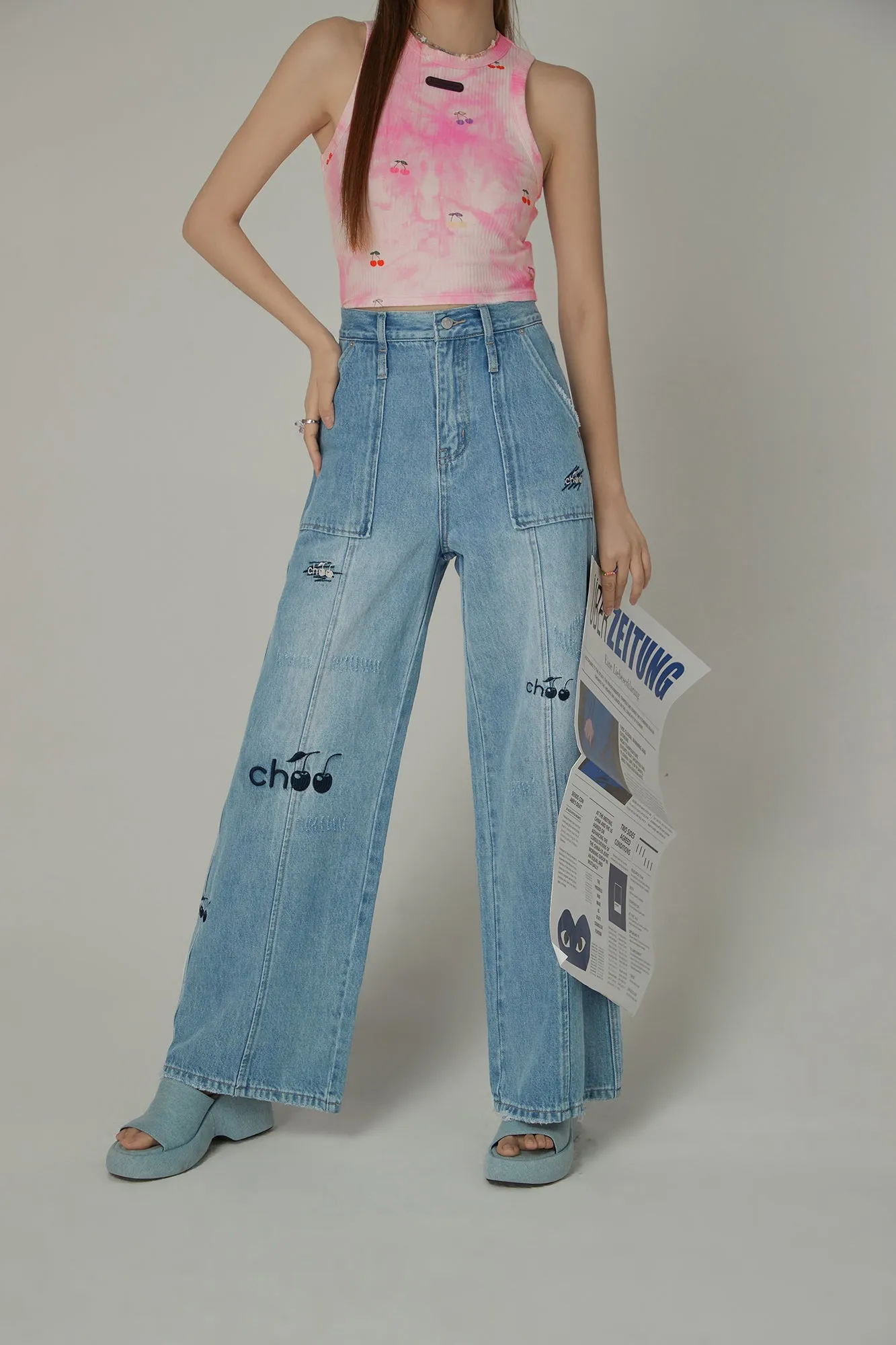 Cherry Letter Embroidered Wide Leg Straight Denim Jeans