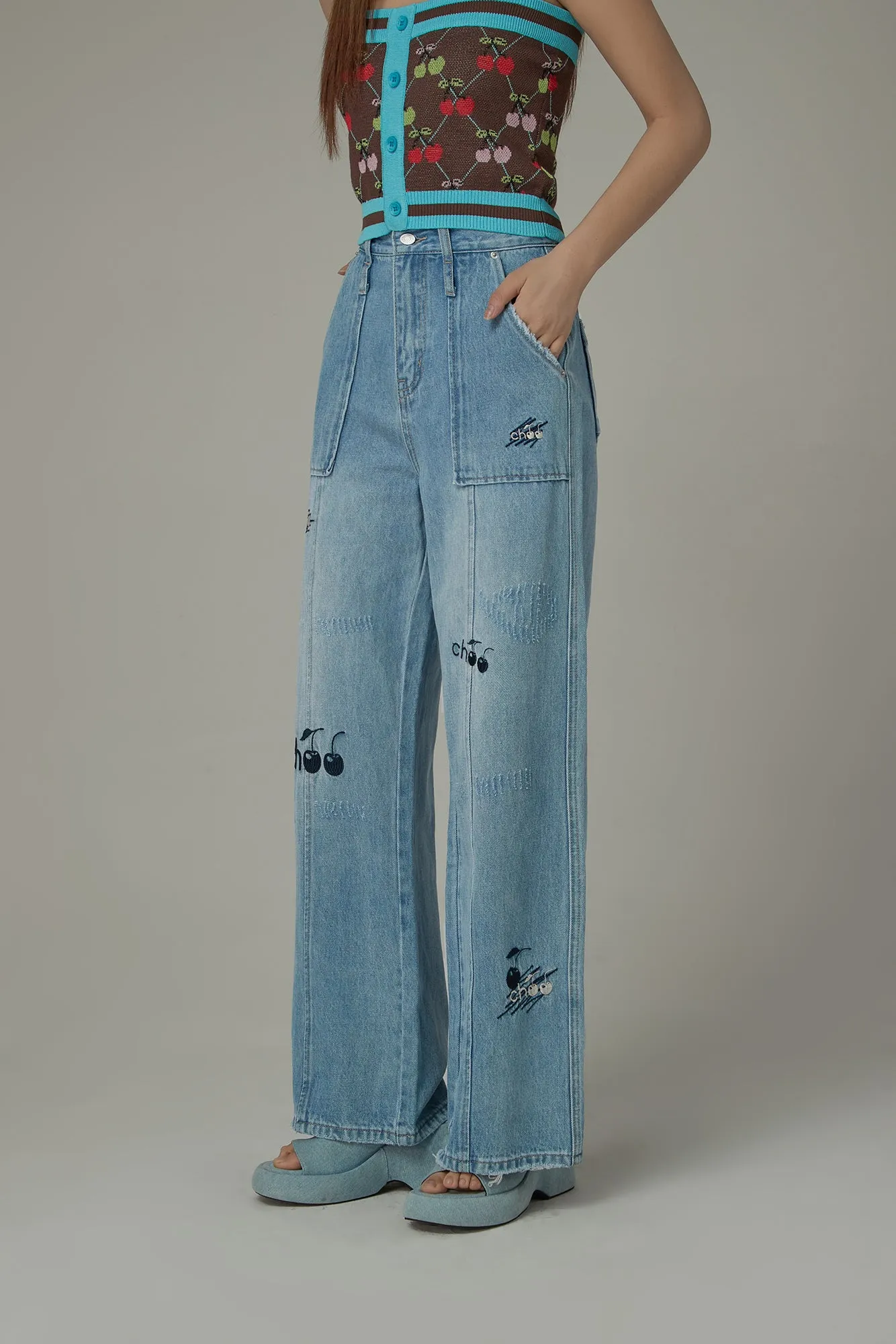 Cherry Letter Embroidered Wide Leg Straight Denim Jeans