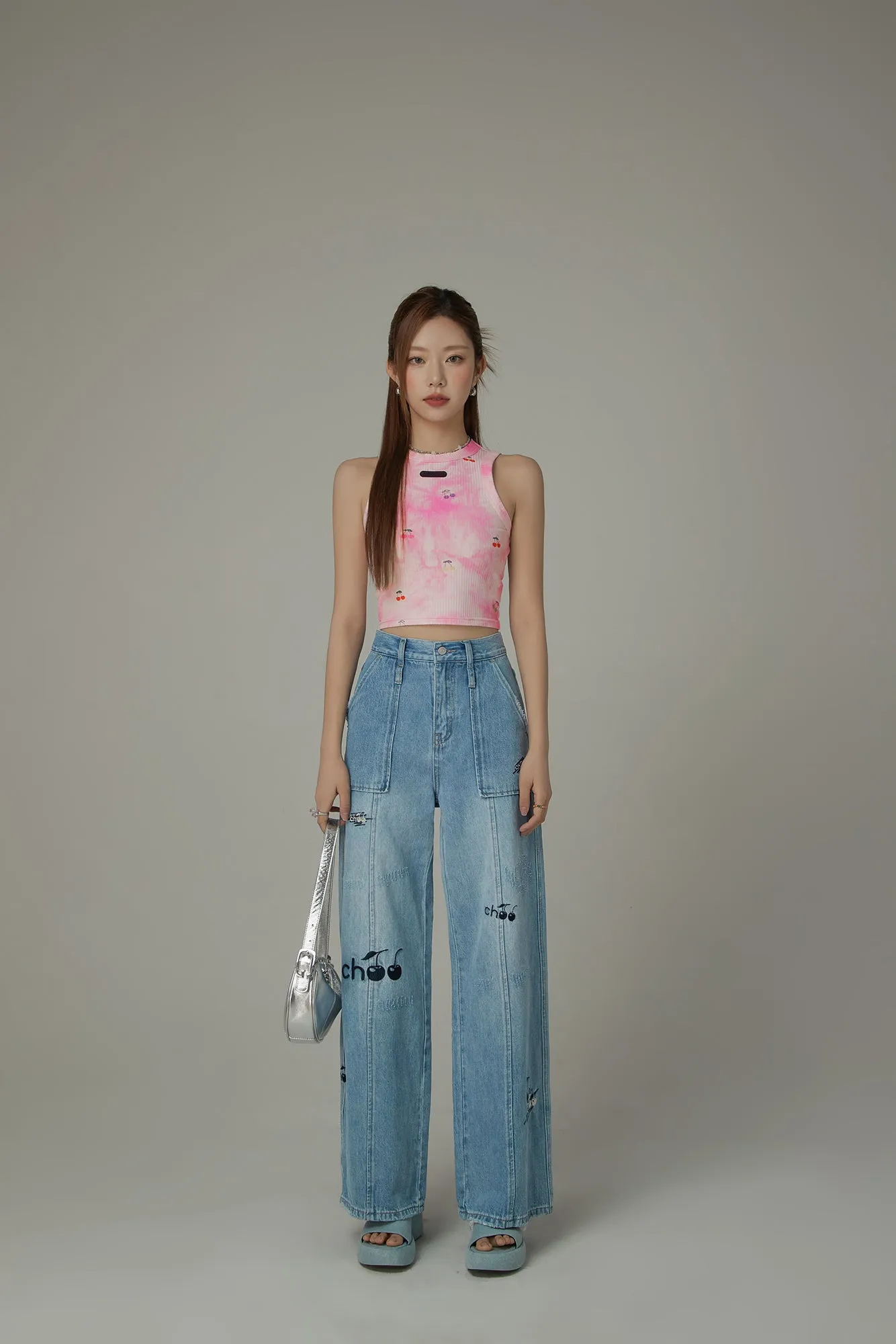 Cherry Letter Embroidered Wide Leg Straight Denim Jeans