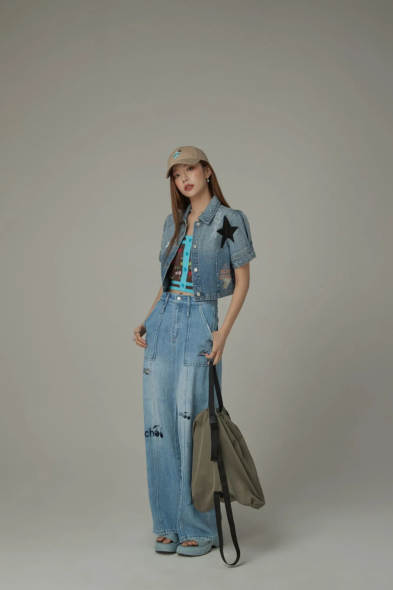 Cherry Letter Embroidered Wide Leg Straight Denim Jeans