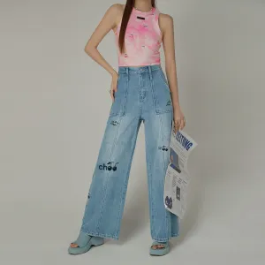 Cherry Letter Embroidered Wide Leg Straight Denim Jeans