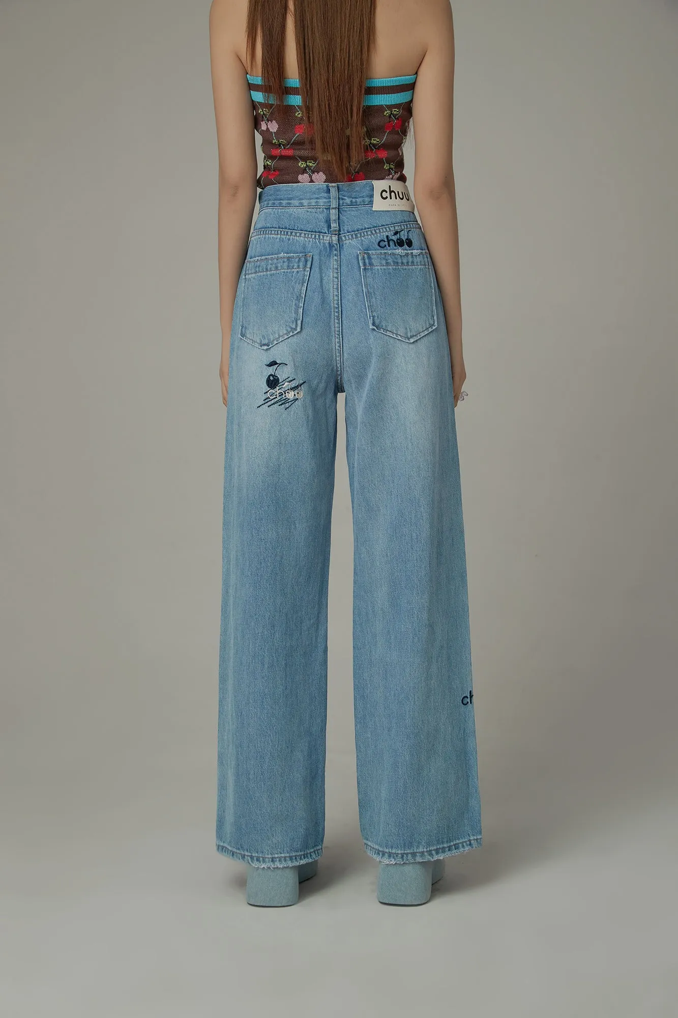 Cherry Letter Embroidered Wide Leg Straight Denim Jeans