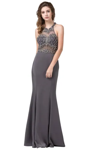 Dark Silver Formal Dress with Beaded Sheer Bodice