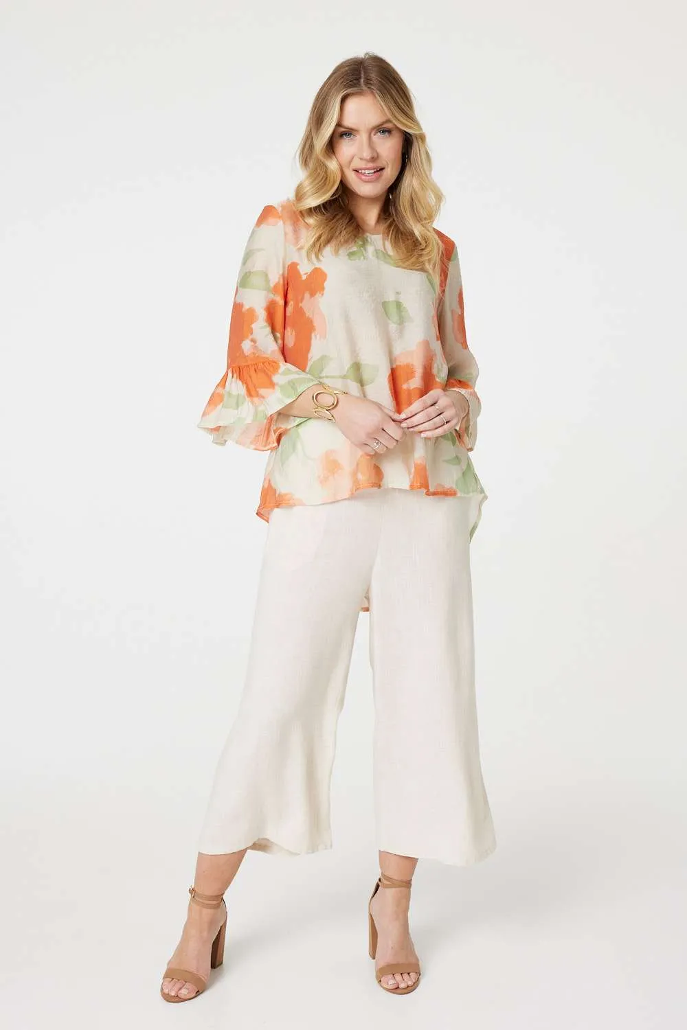 Floral Flute Sleeve High Low Blouse