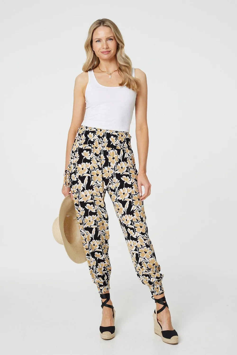 Floral Tassel Tie Pocket Harem Pants