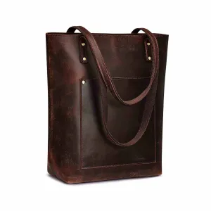 Genuine Leather Tote Bag with Front Pocket