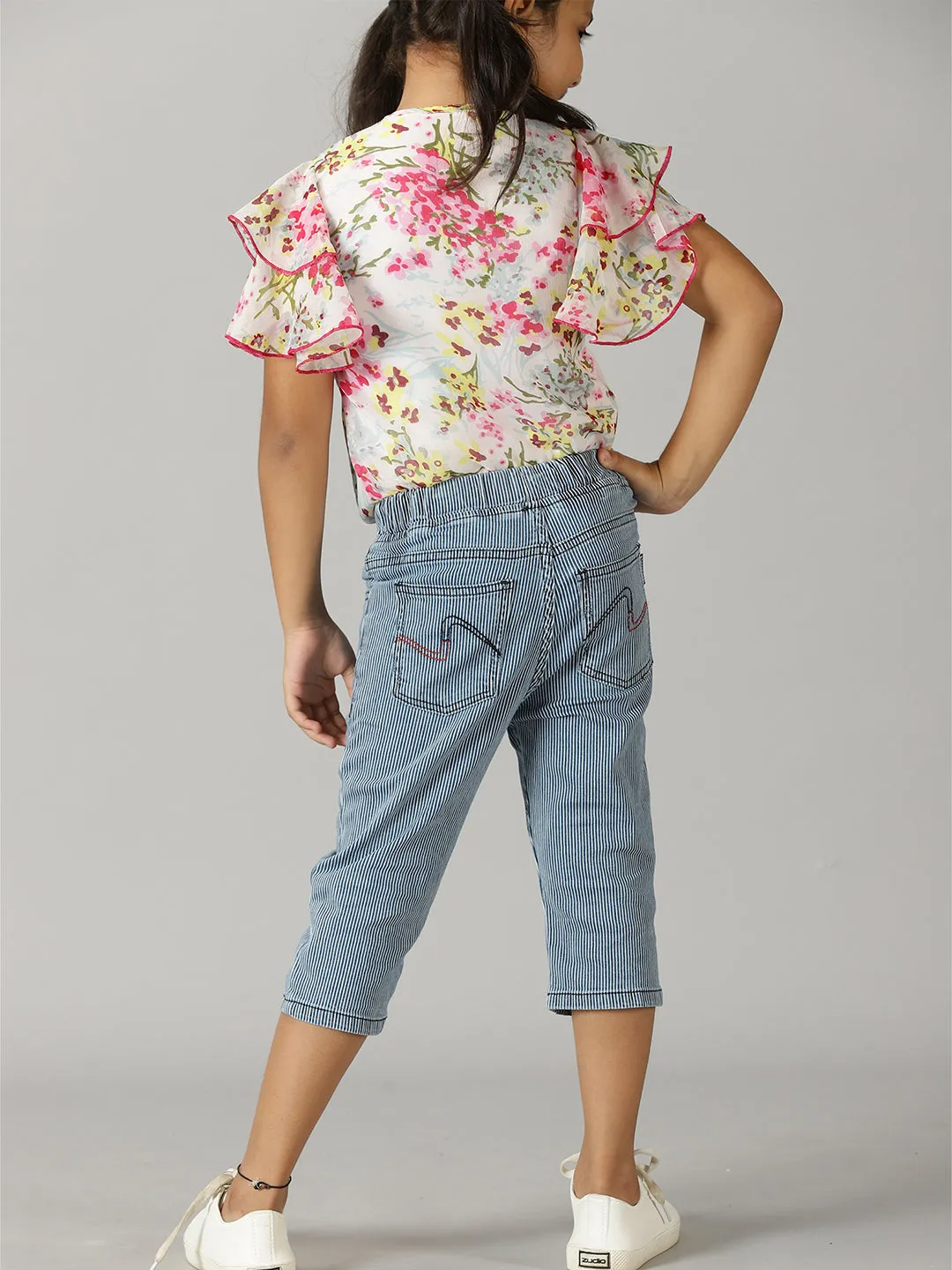 Girls Frill layered Sleeve Top & Capri Jeggings Set