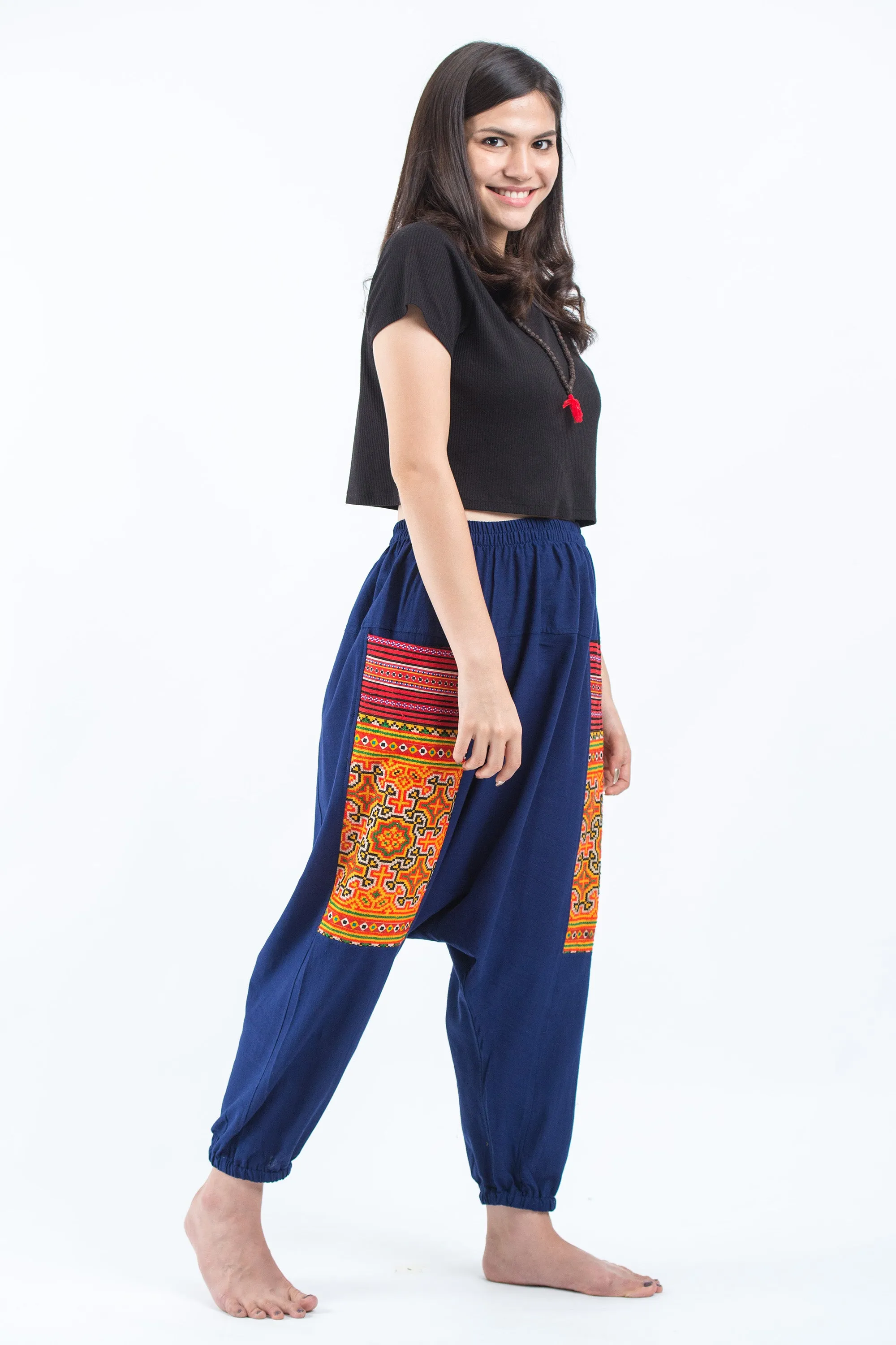 Hill Tribe Embroidered Cotton Women's Harem Pants In Blue