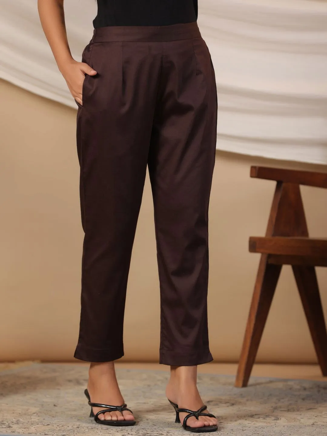 Juniper Brown Solid Lycra Women Drawstring Pants With Single Side Pocket