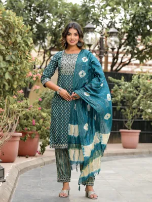 Juniper Green Ethnic Motif Printed Cotton Kurta, Pant And Dupatta Set With Zari Work & Sequins