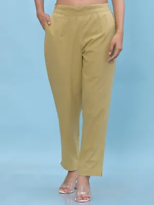 Juniper Women Olive Solid Cotton Pants with Partially Elasticated Waistband and Two Side Pockets