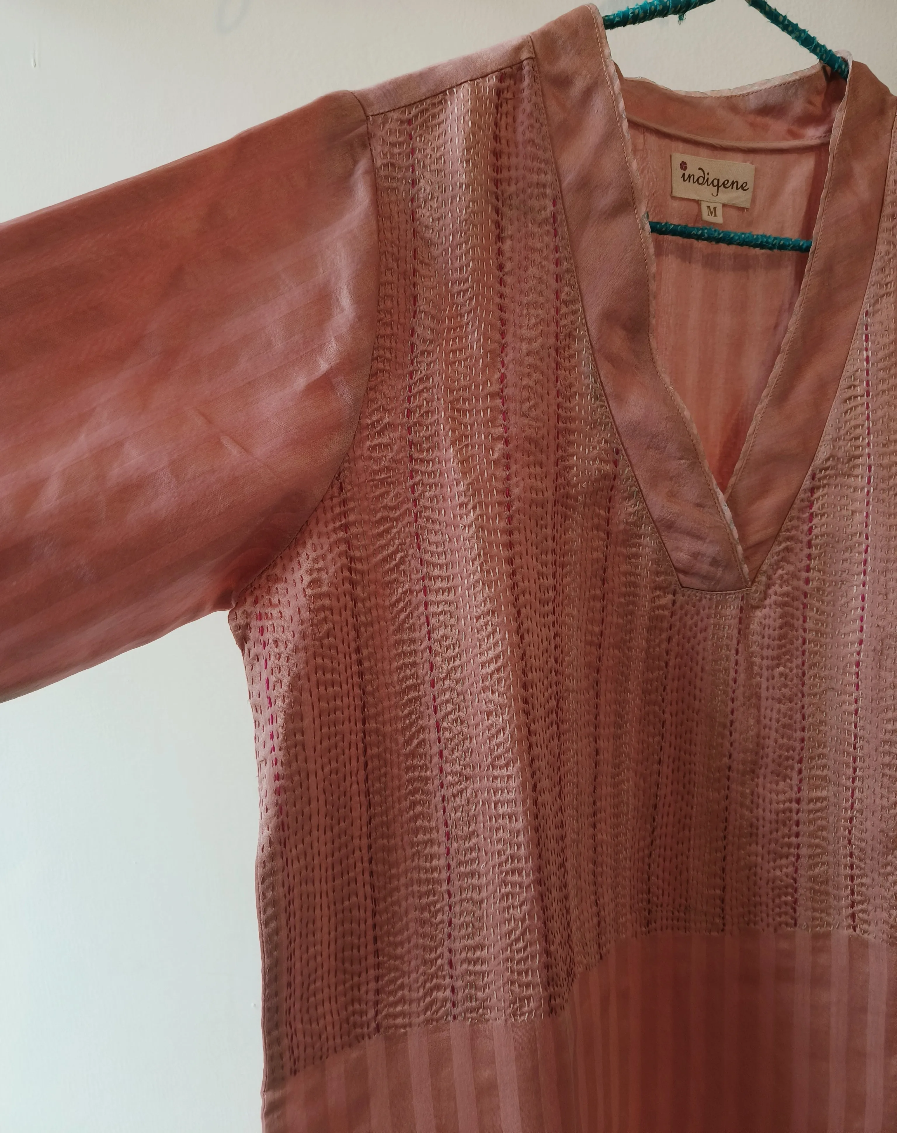 Salmon Embroidered V neck Chanderi Kurta