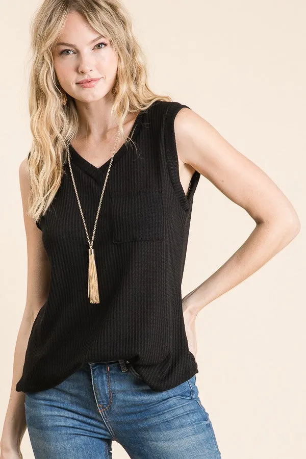 Sleeveless Waffle Knit Tank Top- Black