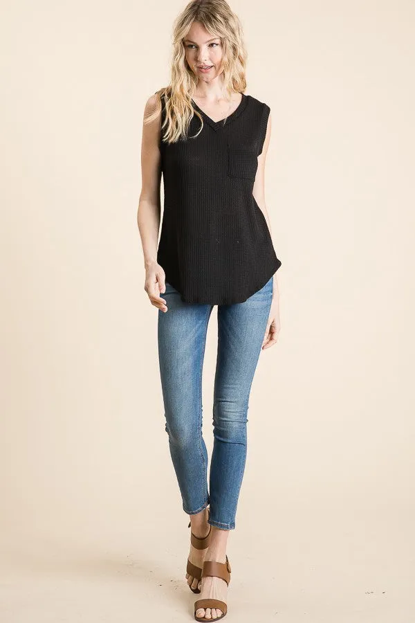 Sleeveless Waffle Knit Tank Top- Black