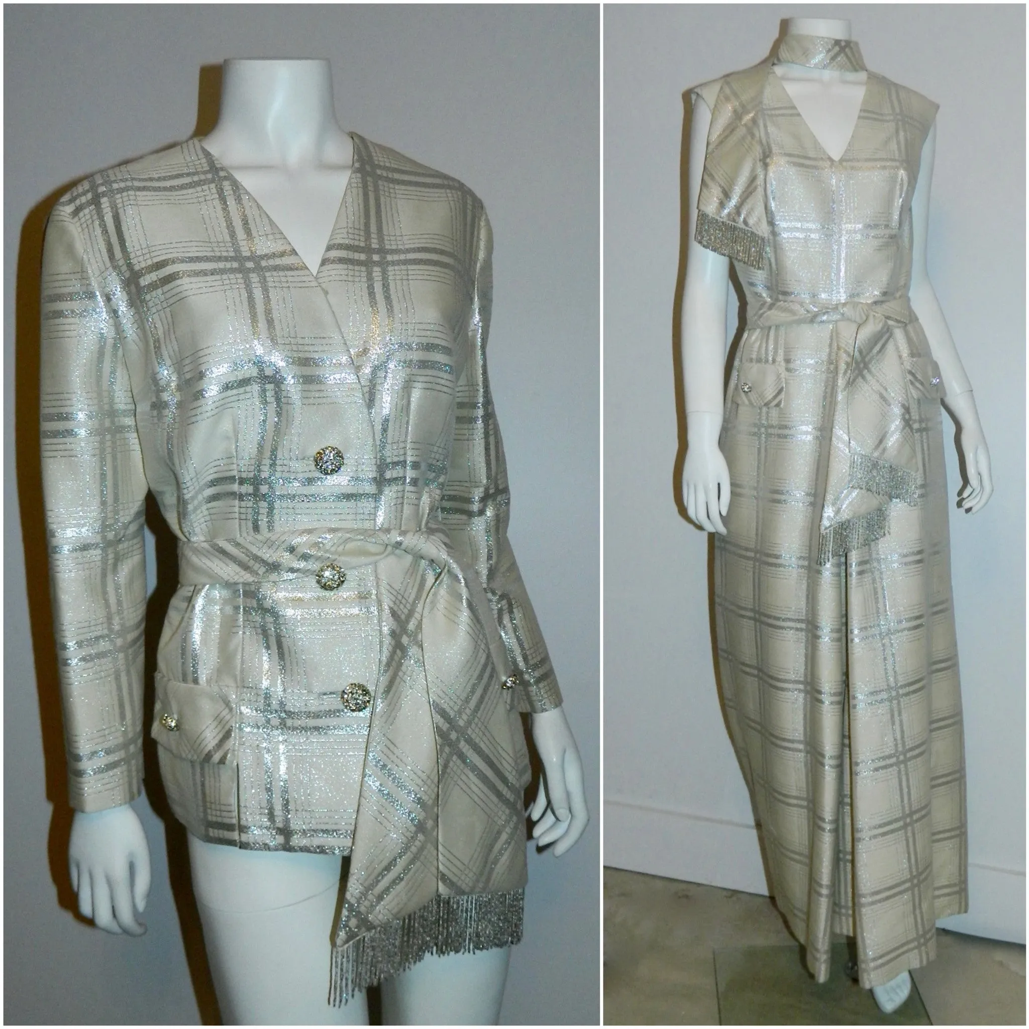 vintage 1960s plaid jumpsuit / silver BERNETTI New York formal gown suit