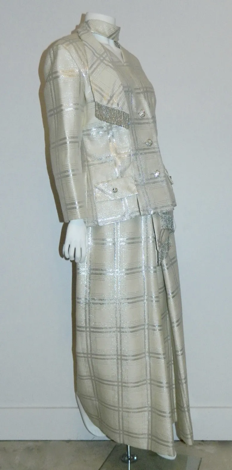 vintage 1960s plaid jumpsuit / silver BERNETTI New York formal gown suit