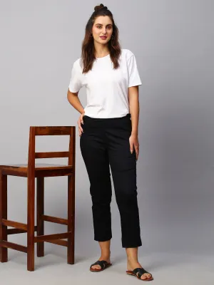 Women's Black Cotton Lycra Regular Fit Pant