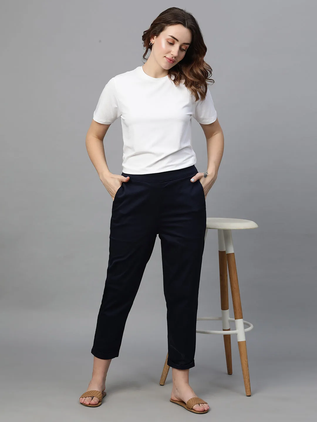 Women's Navy Cotton Elastane Regular Fit Pant