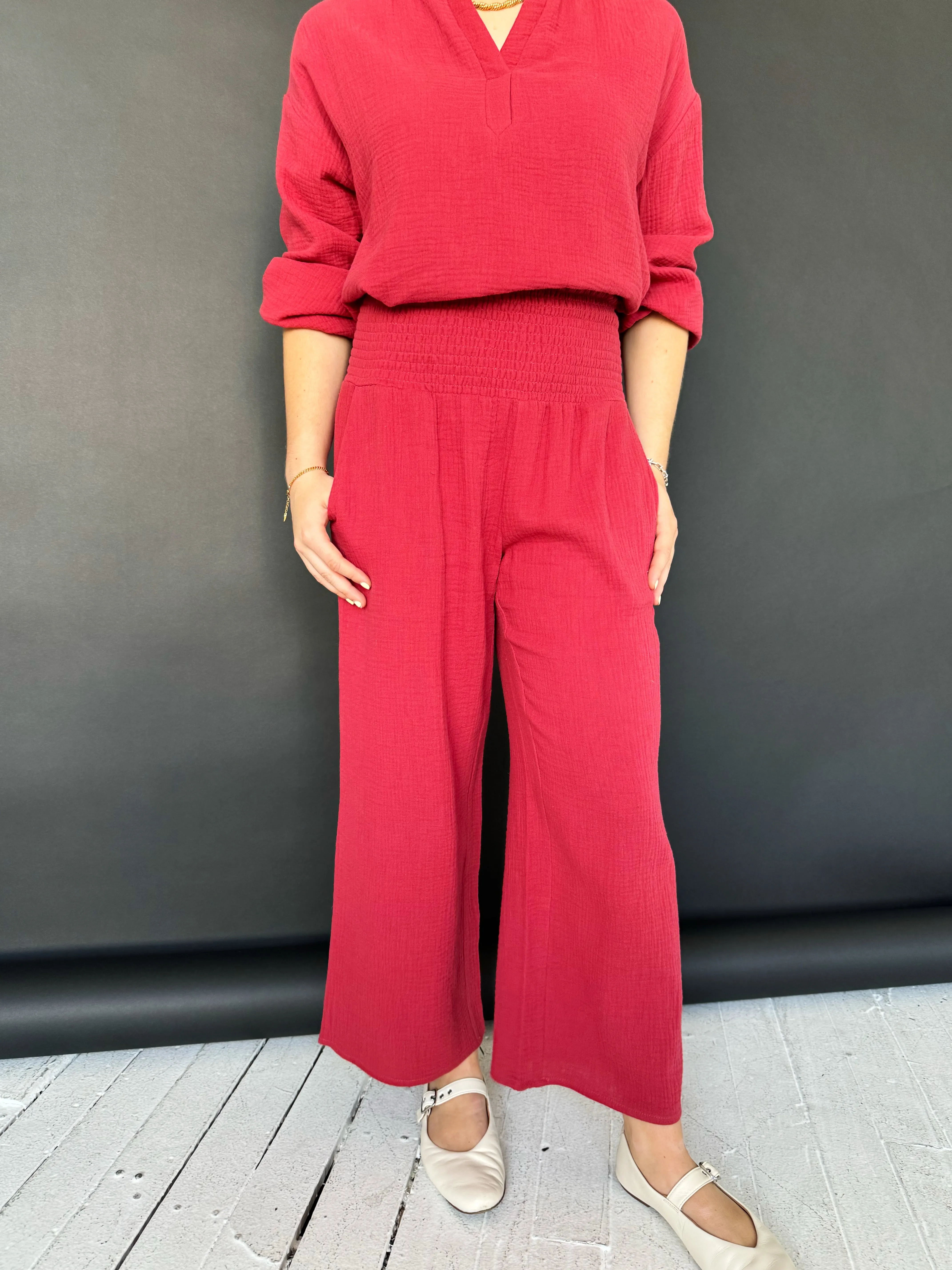 Zoe Smocked Pant - Scarlet